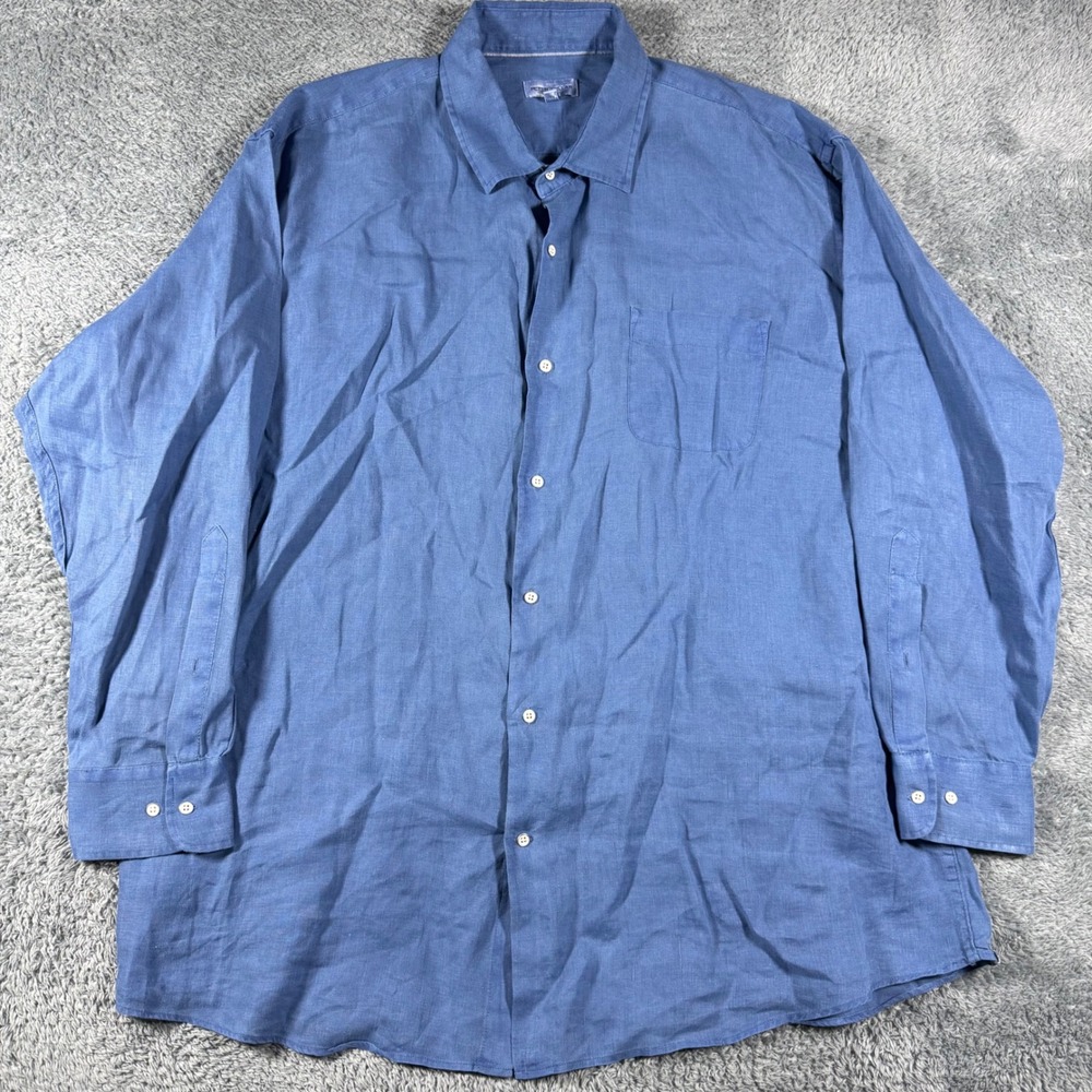 Peter Millar Button Shirt Mens XXL Blue 100% Linen Long Sleeve Pocket